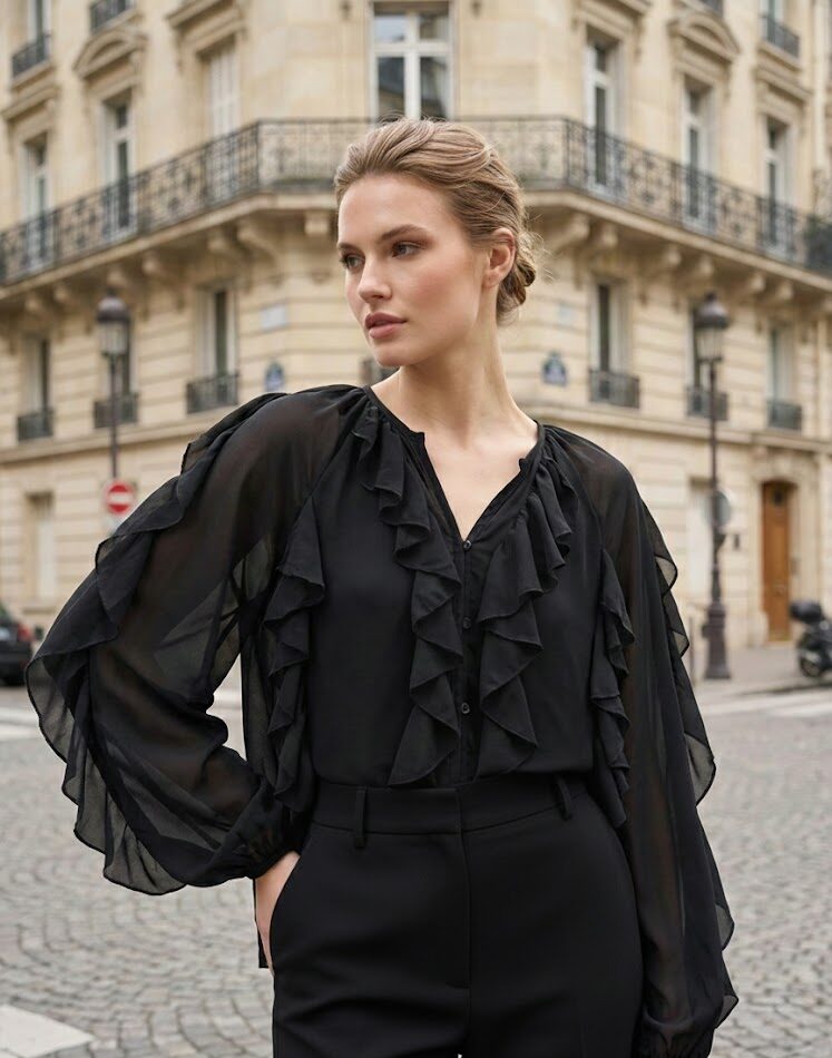 Blusa negra de olanes lumier