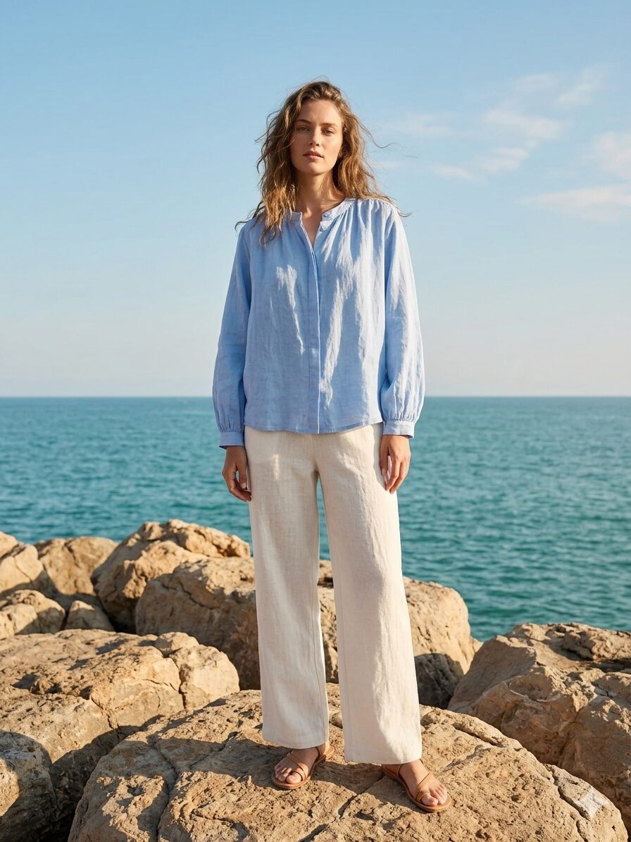 Blusa Celeste Amalfi Manga Larga