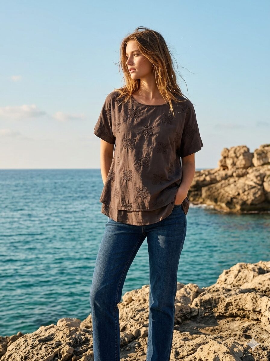 Blusa Café Manga Corta Casual