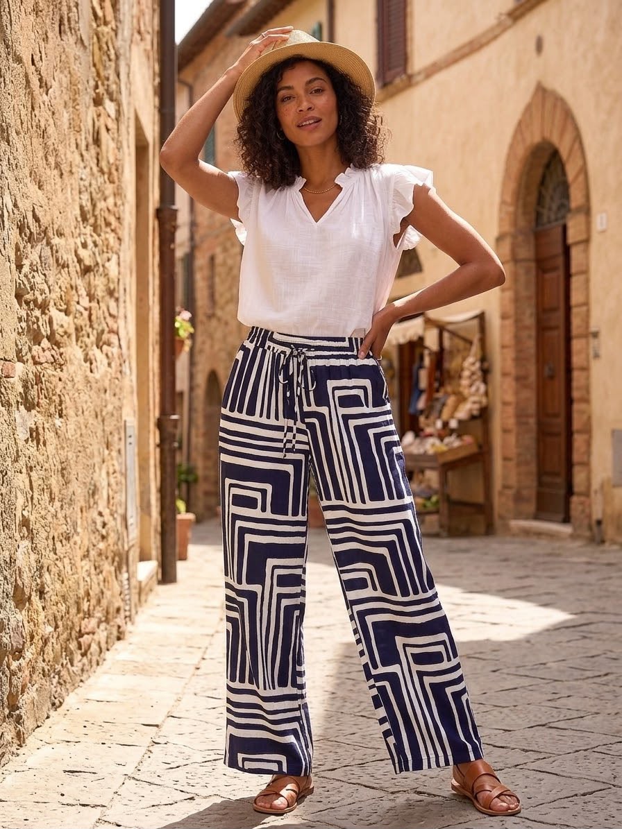 Pantalon Lino Estampado Navy y Blanco